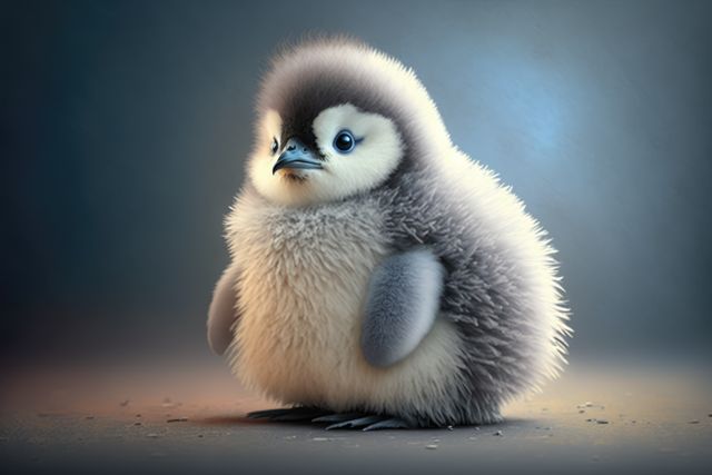 Adorable fluffy baby penguin standing against soft gradient background. Its downy feathers and small stature highlight its innocence and charm. Ideal for use in nature documentaries, children's books, wildlife calendars, and educational materials to showcase the beauty and appeal of young wildlife species.