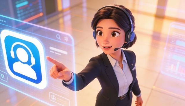 Professional female customer support agent interacting with holographic ai interface