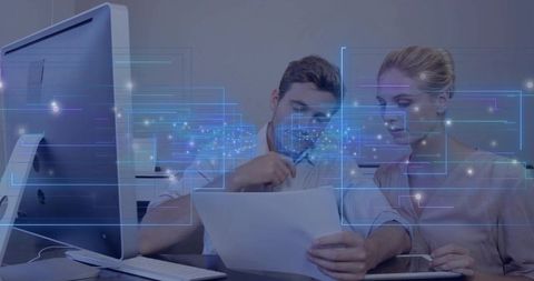 Business Analysts Collaborating with Futuristic Holographic Data Visualization on Desktop