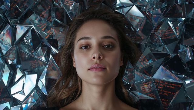 Young woman lying on reflective crystal shards with glowing code reflections