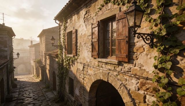 Sunlit rustic stone facade glowing on narrow cobbled village lane with wooden shutters
