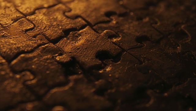 Macro jigsaw puzzle pieces with amber droplets glowing under warm lamp, missing piece