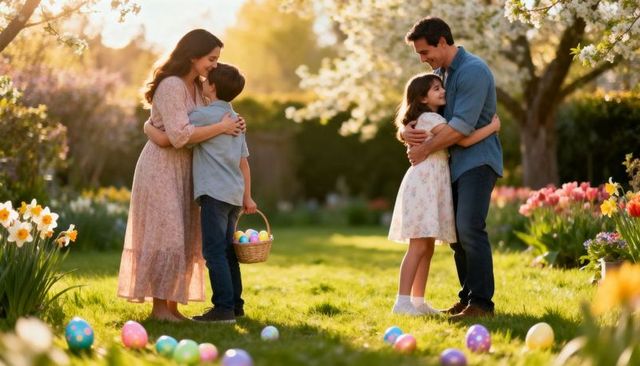 Family embracing during easter egg hunt in blooming spring garden at golden hour