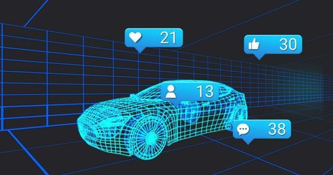 Rotating neon wireframe sports car in futuristic 3D grid with social media bubbles
