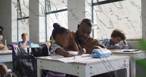 Male Teacher Guiding Diverse Students in Classroom with Digital Influence