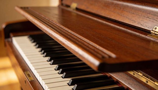 Upright piano keyboard with mahogany fallboard showing warm woodgrain and brass hinge