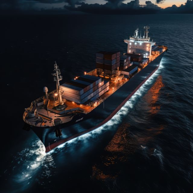 Cargo ship loaded with shipping containers navigating through ocean during evening or night. Vessel is illuminated, casting reflections on the sea water, indicating active maritime freight operations. Ideal for content related to global trade, logistics, transportation industry, and supply chain management.