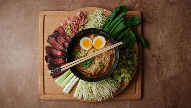 Overhead ramen bowl with soft-boiled eggs, charred beef and fresh greens on wooden board