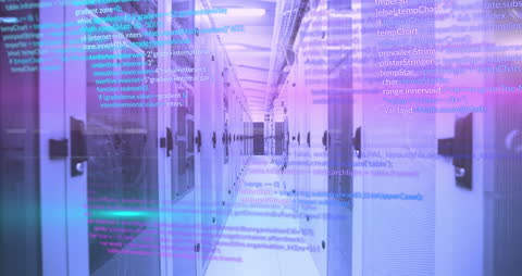 Futuristic Data Server Room with Digital Interface Effects