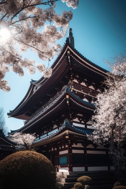 Traditional Japanese temple surrounded by blooming cherry blossoms in spring. Featuring detailed wooden architecture and a Zen garden, perfect for depicting Japanese culture and heritage in travel and tourism themes. Ideal for promoting serenity, nature, and historical sites.