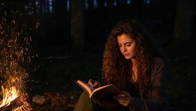 Woman journaling by campfire at night in forest, contemplative outdoor solitude