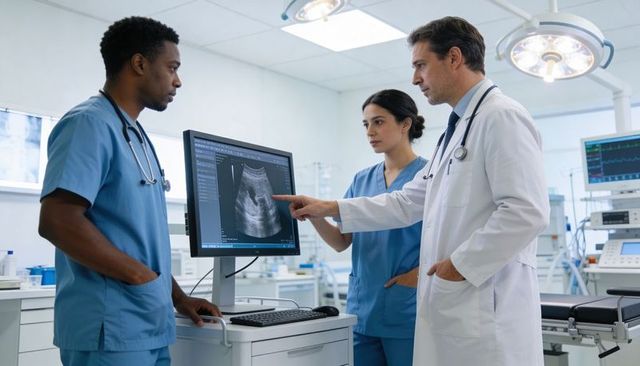 Multidisciplinary medical team reviewing ultrasound scan on monitor in modern hospital