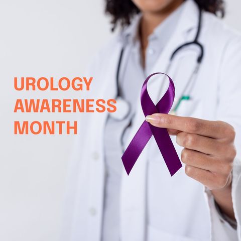Doctor promoting urology awareness with purple ribbon