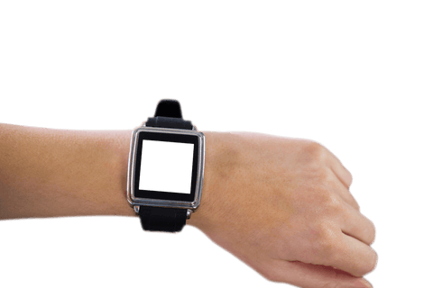 Hand wearing smartwatch with transparent background for digital design