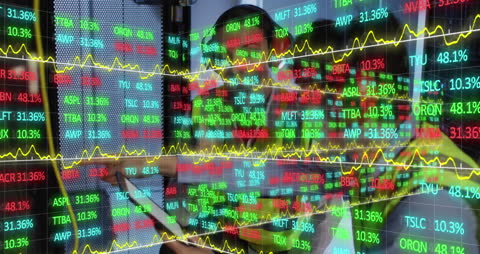 Businessmen Analyzing Stock Market Data on Tablet with Graph Overlay