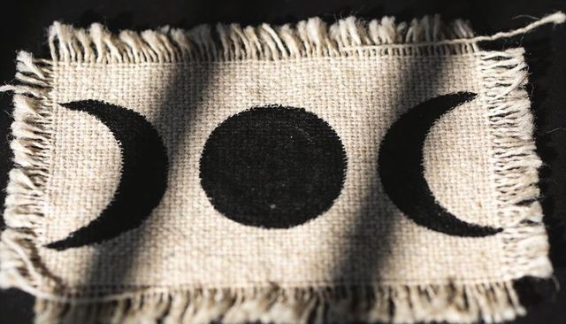 Triple moon linen patch with frayed edges, black moonphase print for boho occult decor