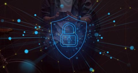 Cybersecurity Shield with Glowing Padlock Over Network