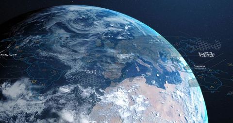 Earth Orbit Holographic Data Visualization Showing Global Hexagon Grid, Satellite Network