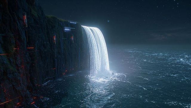 Futuristic luminous waterfall pouring over cliff into night sea with glowing panels