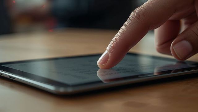 Fingertip Touching Tablet Screen on Wooden Desk with Reflection, Low-Angle Close-Up