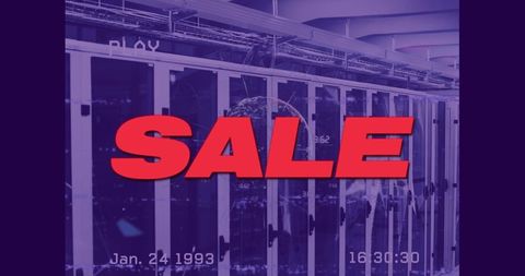 Red SALE Text Overlaid on High-Tech Server Aisle