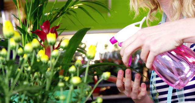 A woman is spraying water on indoor plants with a pink spray bottle in an urban garden environment. Useful for articles or posts on urban gardening, indoor plant care, home gardening tips, or eco-friendly living.