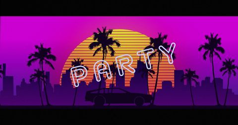 Neon party vibe with sunset and palm tree silhouettes