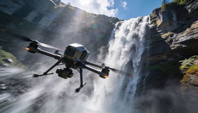 High-speed drone flying through misty waterfall canyon capturing cinematic gimbal footage