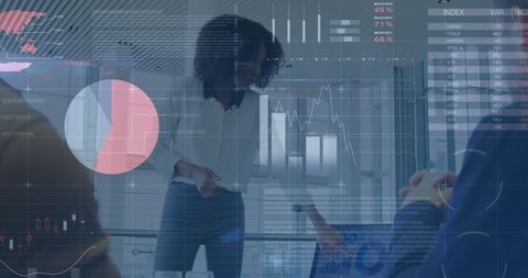 Businesswoman analyzing financial data with graphs and charts overlay