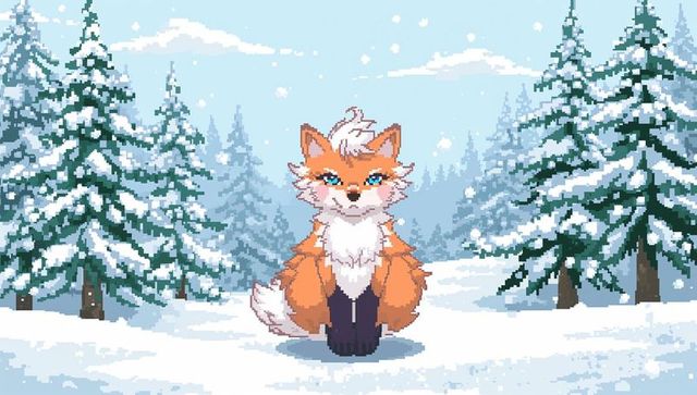 Playful sitting pixel-art fox in snowy pine forest, retro 8-bit winter game character