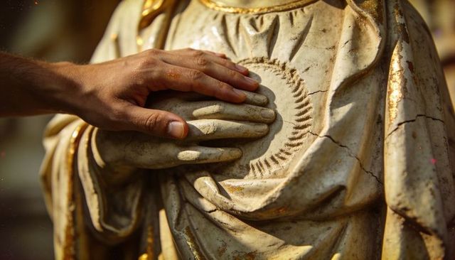 Hand touching weathered stone statue heart with gold leaf and cracked patina, sunlit