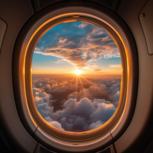 Perfect for use in travel brochures, aviation advertisements, or inspirational social media posts. The image captures a breathtaking sunrise over a sea of clouds, as seen from an airplane window. Ideal for conveying themes of adventure, wanderlust, and new beginnings.