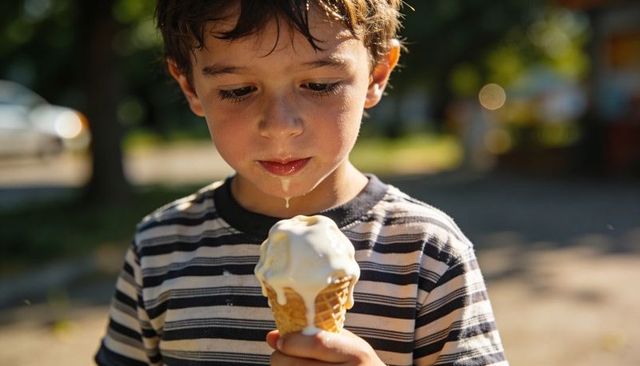 Young boy enjoying melting vanilla ice cream cone on sunny park day