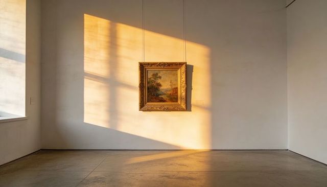 Gilded landscape painting bathing in golden sunlight on minimalist gallery wall