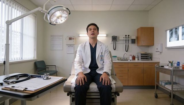 Doctor sitting on exam table in clinic wearing white coat and dark scrubs, stethoscope nearby