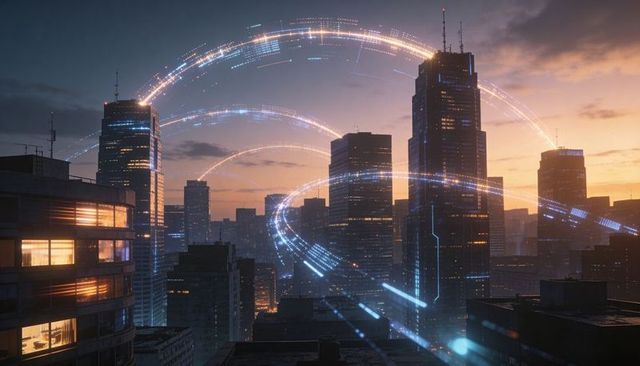 Futuristic city skyline at dusk with glowing towers and looping digital light arcs