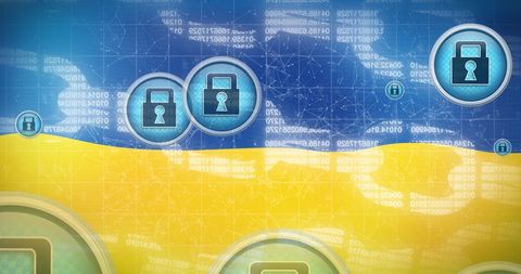 Ukraine flag with blockchain padlocks symbolizing digital security