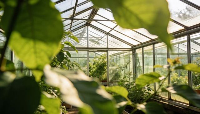 Framing sunlit glasshouse through blurred leaves guiding gaze to lush conservatory interior