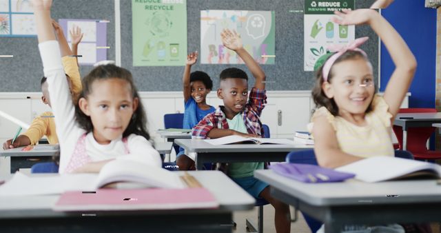 Engaged Children Raising Hands in Classroom, Learning and Participating - Download Free Stock Images Pikwizard.com