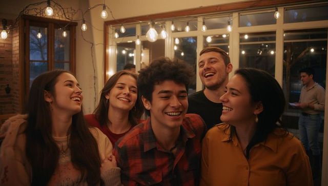 Five friends laughing together at cozy house party with string lights and casual style