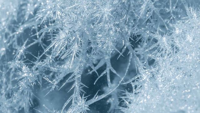 Macro hoarfrost filaments on twigs sparkling blue ice crystal texture close-up