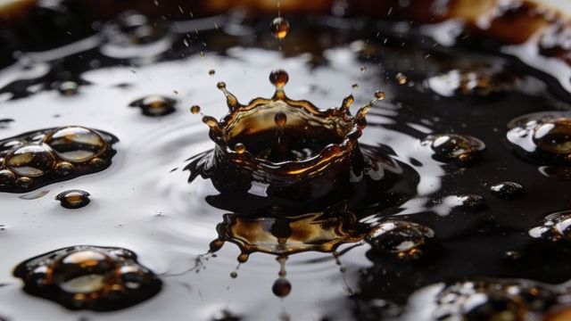 Macro crown splash in dark amber liquid capturing glossy droplets, bubbles and ripples