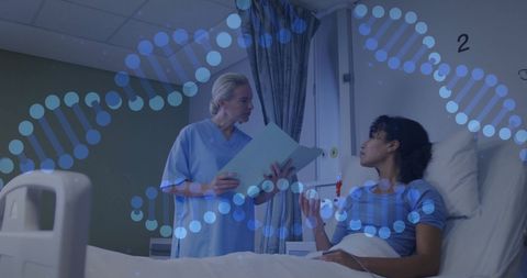 Doctor explaining genetics to patient with dna overlay