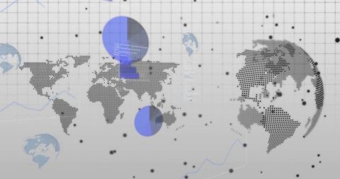 Dotted world map and globe overlaying abstract global data visualization with blue charts
