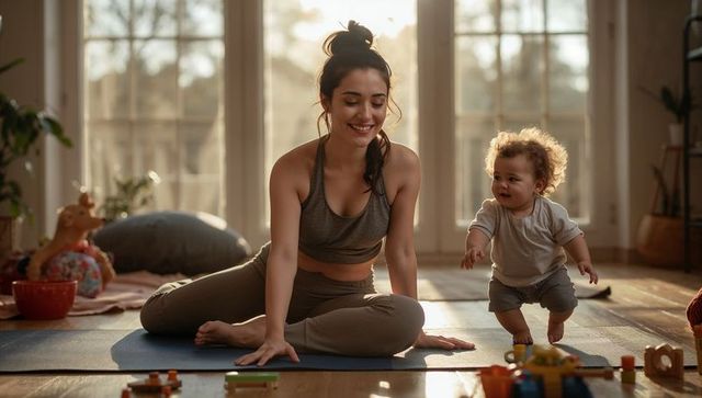 Mother Practicing Yoga with Toddler in Sunlit Home