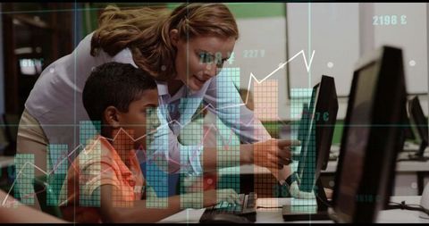 Female Instructor Guiding Student with Data Visualization Overlay
