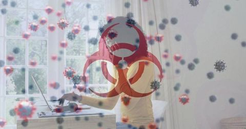 Remote Work with Biohazard Symbol and Virus Overlay