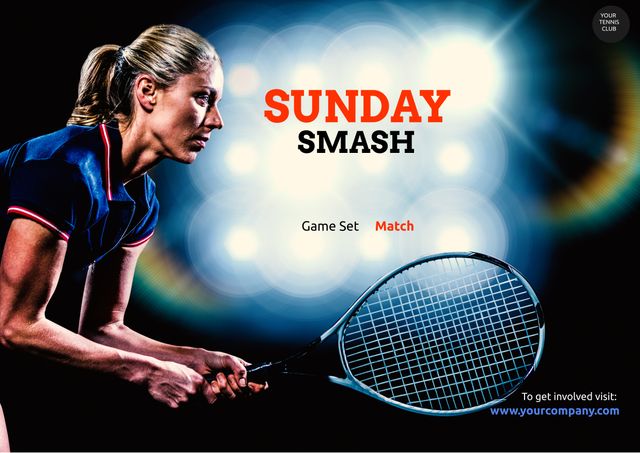 Promo image features a focused female tennis player ready for upcoming match. Ideal for sports event advertising, tennis club promotions, competition announcements, and other sports-related marketing materials.