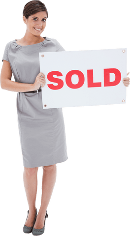 Confident woman holding transparent sold sign poster