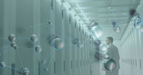 Executive inspecting server racks with network nodes overlay for cybersecurity and cloud